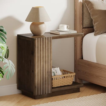 Solid Wood Side Table, C-Shaped Narrow End Table with Storage | 2-Tier Farmhouse Bed Side Table with Fluted Panels, Wood Nightstand for Bedroom, Living Room, Small Spaces, Dark Brown - color: Dark Brown