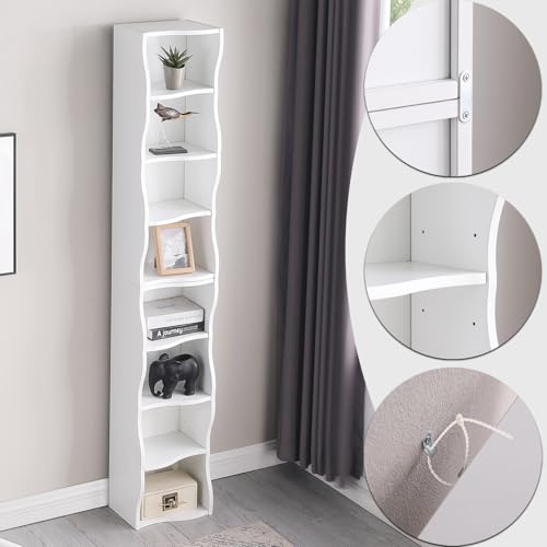 Tall Narrow Bookshelf, 8-Tier Tall Skinny Shelf with Adjustable Shelves, Narrow Bookcase for Small Spaces, 70.87" Slim Bookshelf for Home Office, Easy to Assemble, White - color: A-white
