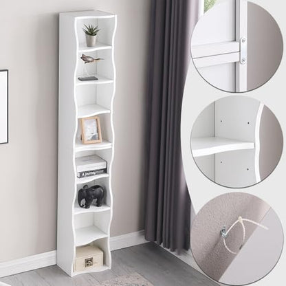 Tall Narrow Bookshelf, 8-Tier Tall Skinny Shelf with Adjustable Shelves, Narrow Bookcase for Small Spaces, 70.87" Slim Bookshelf for Home Office, Easy to Assemble, White - color: A-white