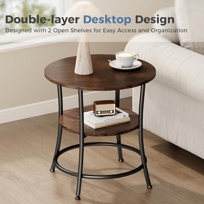 OLIXIS 21.85-Inch Round End Table, 2-Tier Side Table for Living Room, Accent Stand with Storage Shelf, Sturdy Metal Frame Nightstand for Small Space, Round Bedside, Rustic Brown and Ink Black - color: Rustic Brown & Ink Black