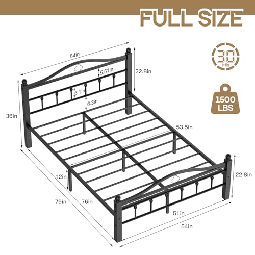 Metal Full Size Bed Frames with Headboard | 1500LBS Heavy Duty, Noise Free Design, 12 Inch Under-Bed Storage Space, No Box Spring Needed, Tool-Free Assembly - size: Full