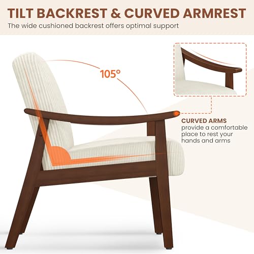 Yaheetech Corduroy Accent Chair, Mid-Century Modern Armchair with Solid Wood Legs, Reading Leisure Chair with High Back for Living Room Bedroom Waiting Room Beige | Corduroy Chair with Solid Wood Legs, Cozy Reading Leisure Chair for Living Room, Bedroom,