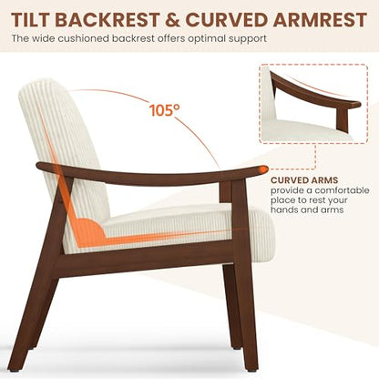 Yaheetech Corduroy Accent Chair, Mid-Century Modern Armchair with Solid Wood Legs, Reading Leisure Chair with High Back for Living Room Bedroom Waiting Room Beige | Corduroy Chair with Solid Wood Legs, Cozy Reading Leisure Chair for Living Room, Bedroom,