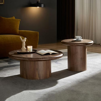 Round Nesting Coffee Table Set of 2, Modern 2-Piece Circle Wooden Center Table with Base, Accent Tea Table for Living Room Apartment, Easy Assembly, 31.5" & 20.87" (Walnut) - color: 31.5" & 20.87",walnut