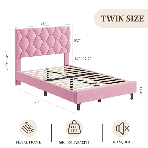 GAOMON Pink Twin Bed Frame with Upholstered Headboard, Heavy-Duty Platform Bed Frame with Strong Wood Slats, No Box Spring Needed/Noise Free/Easy Assembly | Heavy-Duty Bed Frame with Wooden Slats Support Upholstered Mattress Foundation No Box Spring Neede