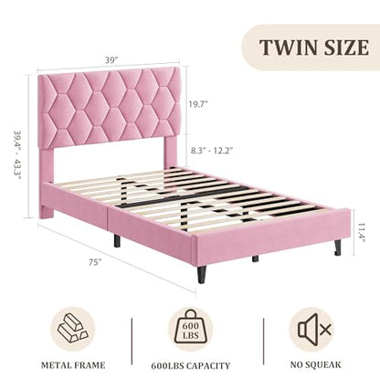 GAOMON Pink Twin Bed Frame with Upholstered Headboard, Heavy-Duty Platform Bed Frame with Strong Wood Slats, No Box Spring Needed/Noise Free/Easy Assembly | Heavy-Duty Bed Frame with Wooden Slats Support Upholstered Mattress Foundation No Box Spring Neede