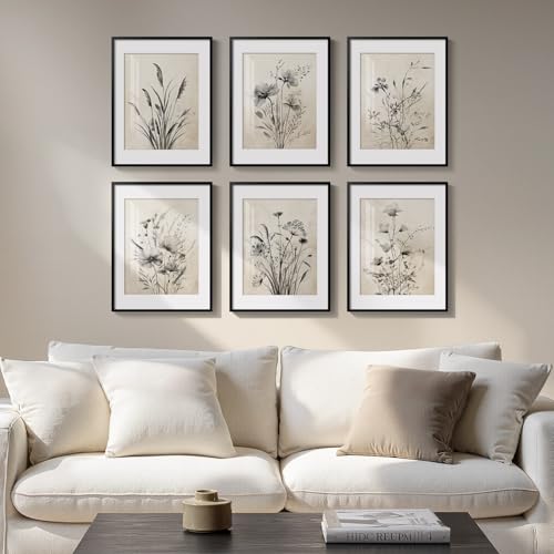 Framed Vintage Black and White Boho Botanical Wall Art, 6 Piece 11x14 In | Retro floral painting, Canvas prints with mat, Farmhouse neutral rustic flower artwork, Living room kitchen bedroom pictures - color: Black Floral - Black Framed, size: 11" W x 14"