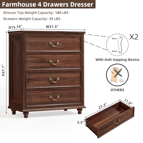 Joaxswe Farmhouse 4 Drawer Dresser for Bedroom, 37" Tall Rustic Chests of Drawers w/ 4 Solid Wood Feet, Mid Century Modern Wooden Closet Storage Dressers Organizer for Living Room, Hallway, Brown - color: Brown, size: 15.7"D x 31.5"W x 37.2"H (4 Drawers)