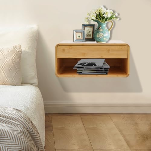 Xuthusman Floating Nightstand，Bamboo Wall Mounted Nightstand with Drawer, Modern Floating Bedside Cabinet, Space-Saving Storage Shelf for Bedroom Living Room Office（Wood Color）
