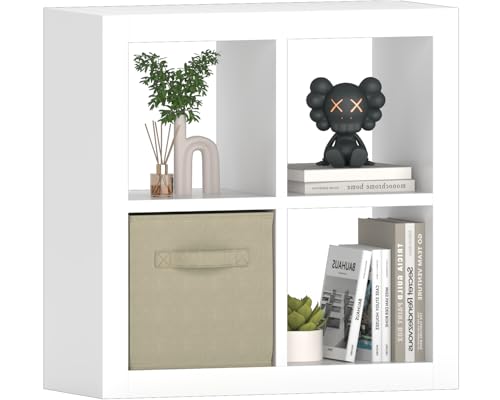 furtble Bookshelf with Storage Bin, 4-Cube Storage Organizer, Modern Wood Open Bookcase, Multifunctional Display Shelf for Living Room, Bedroom, Home Office, White - color: White, size: 4 cube