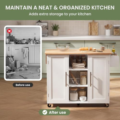 DUMOS 42in Kitchen Island with Storage, Drop Leaf, Spice Rack, Towel Rack | Rolling Cart on Wheels, Adjustable Shelves, Wood, Mobile Utility Serving Table, Living Room, Dining Room, White - color: White