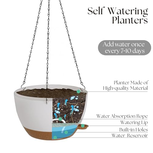 TYMENSH Hanging Plant Pots 12 Inch Set of 2, Self Watering Hanging Planters with Drainage Holes, Removable Saucer, Durable Plastic Flower Pots with Chains for Indoor Outdoor Plants, White - color: White