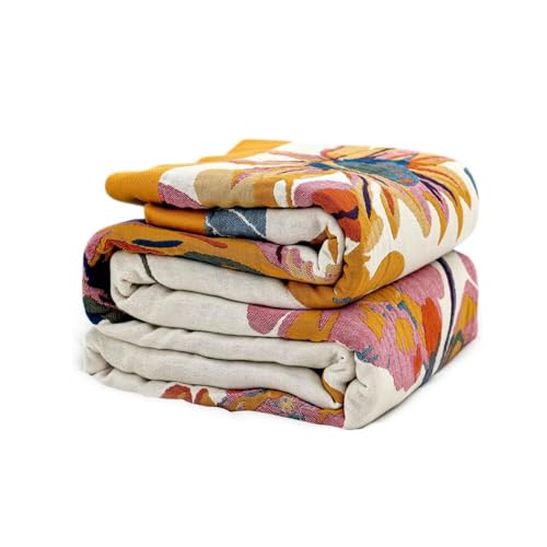 Boho Throw Blanket for Bed 60"x80", 100% Soft Cotton Bohemian Blankets with Rustic Floral Printed Decor, Spring Throw Blanket for Couch Cozy Breathable King Size All Season - color: Ink and Wash, size: 60"x80"