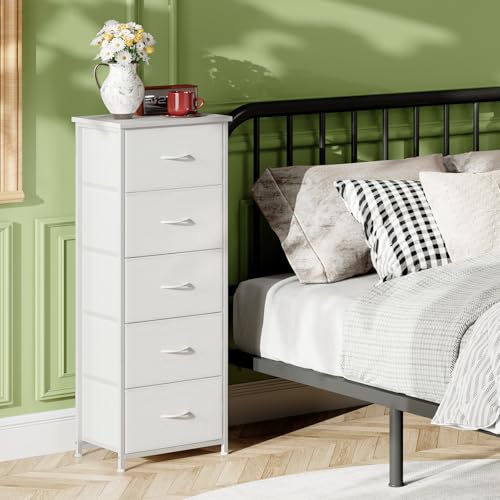 Somdot Tall Dresser for Bedroom, 5 Drawer Storage Cabinet, White | Fabric Dresser with Removable Bins, Steel Frame, Wood Top Home Furniture, Closet Organizer, Nursery, Dorm, Entryway Storage - color: White, size: 11.8"D x 16.5"W x 45.1"H (5 Drawers)