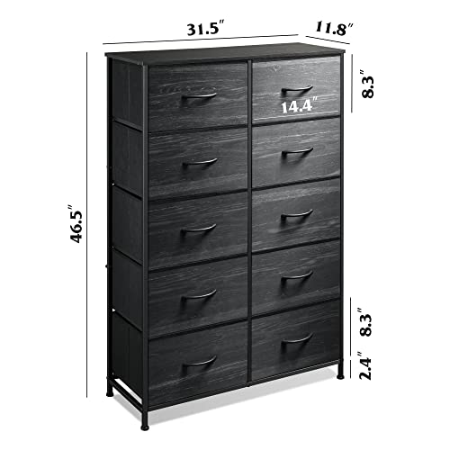 WLIVE Tall Dresser for Bedroom with 10 Fabric Drawers, Black | 10 Drawers, Fabric Dresser for Closet, Storage Tower with Cabinet, Metal Frame - color: Charcoal Black Wood Grain Print