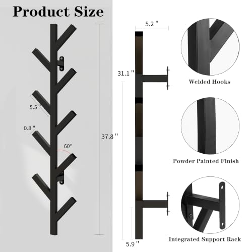 Prywot Vertical Hat Rack, Metal Coat Rack Wall Mounted, Black, 37.8" | 9 Hooks, Space-saving wall-mounted design, for Hats, Jackets, Coats, and Bags - Suitable for Entryways and Bedrooms - color: Black