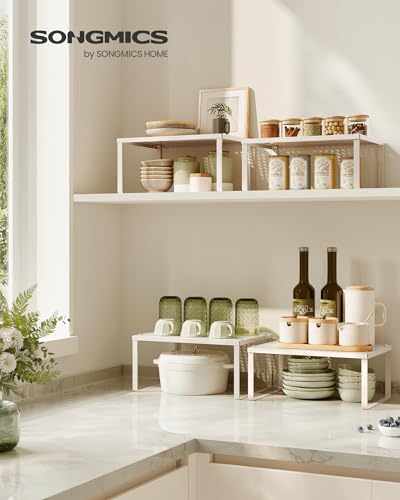 SONGMICS Spice Racks, Set of 2 Metal Cabinet Shelf Organizers, Countertop Organizers, Shelf Risers, Stackable, Expandable, Oatmeal Beige UKCS001K01 - color: Oatmeal Beige, size: 2 Tiers (9"D x 12.6"W)