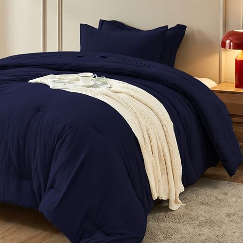 Twin Comforter Set 5 Pieces - Ultra-Soft Bed in a Bag Twin Size, Cozy Luxury All Season Bedding Sets with Comforter, Flat Sheet, Fitted Sheet, 1 Pillow Shams & 1 Pillowcases, Navy Blue - color: Navy Blue, size: Twin
