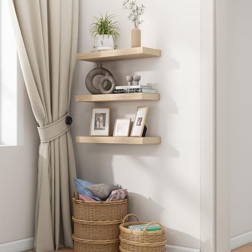 fuqing Natural Wood Floating Shelves, 17 Inch Wooden Wall Shelves Set of 3 | 6.7 Inch Deep Natural Wooden Shelves for Bathroom Living Room, Lightweight, 30LBS, Hardware Included, Waterproof Finish - color: Natural, size: 17 Inch