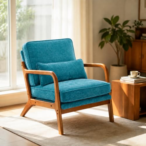 Karl home Mid-Century Modern Accent Reading Chair, Teal | Chenille Upholstered, Solid Wood Frame, Soft Cushion, Lumbar Pillow, Lounge Armchair for Living Room, Bedroom, Balcony, Study - color: Chenille Teal