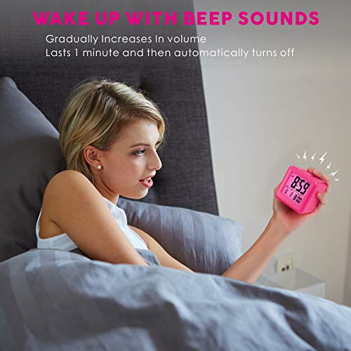 Plumeet Digital Kids Alarm Clock with Snooze and Nightlight - Easy Setting Silicone Clock Display Time, Date - Loud for Bedroom - Battery Powered (Pink) - color: Hot Pink