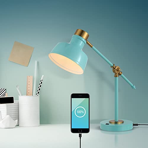 JONATHAN Y Allegra Metal Task Desk Lamp USB Port 18.5", Cyan/Brass Gold | Adjustable Cantilever, Vintage Farmhouse Style, Home Office Reading Light, LED Bulb Included - color: Cyan/Brass Gold