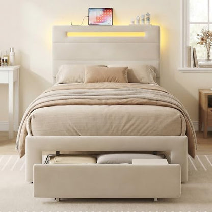 LIKIMIO Twin XL Bed Frames with Storage Drawer, Lights & Charging Station | Upholstered Modern Platform Bed, XL Twin Bed Frame with Headboard, No Box Spring Needed, Easy Assembly, Noise-Free, White - size: Twin XL