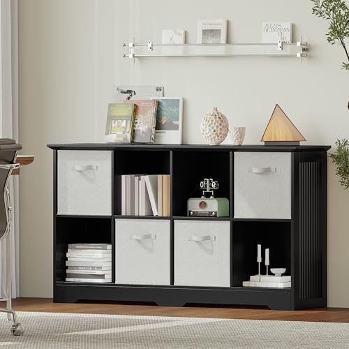 VORONOI 8 Cube Storage Organizer with 4 Fabric Drawers and Removable Shelves — Modular Cube Bookshelf for Bedroom, Living Room, or Home Office, Short Cube Bookcase for Toys, Decor,Black - color: Black, size: 8-Cube