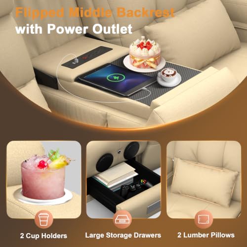 Home Theater Seating, Power Loveseat Recliner Sofa with Massage & Heat | Wall Hugger Reclining Loveseat with USB, RV Couch with LED Lights, Flip Backrest, Cup Holders for Movie Theater, Gaming Room - color: Pebbled Beige White, size: 72" - 2 Seats