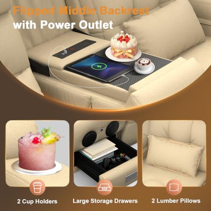 Home Theater Seating, Power Loveseat Recliner Sofa with Massage & Heat | Wall Hugger Reclining Loveseat with USB, RV Couch with LED Lights, Flip Backrest, Cup Holders for Movie Theater, Gaming Room - color: Pebbled Beige White, size: 72" - 2 Seats