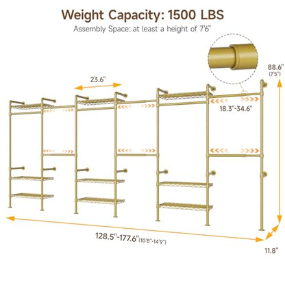 H6 Wall Mounted Closet System, Industrial Pipe Clothes Rack, Gold | Metal Clothing Rack with 6 Telescopic Rods & 3 Fixing Rods & 9 Shelves, Heavy Duty Closet Organizers and Storage in Wardrobe - color: Gold