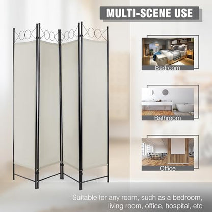4 Panel Room Divider 6FT Steel Frame Screen Folding Privacy Divider Freestanding Partition for Home Office Bedroom (Beige) - color: Beige
