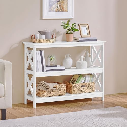 Yaheetech 42"L White Console Table 3-Tier Narrow X-Frame Open Storage Shelf | Sofa Table for Entryway, Hallway and Living Room, Slim 14" Depth, Powder-Coated MDF, 88 lb Top Load, Easy Assembly - color: White