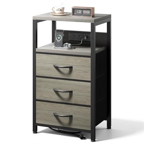 Lazzanto Night Stand with Charger Station, 3 Fabric Drawers, Grey | Nightstand, Bedside Table, Open Shelf, Built in USB-A, USB-C Port & AC Outlets, For Bedroom, Dorm, Living Room - color: Grey, size: 3 Drawers
