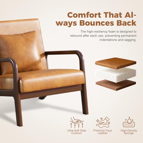 Mid-Century Modern Chair,Upholstered Accent Chair Reading Arm Chair with Cushion & Lumbar Pillow & Solid Wood Frame for Lounge, Living Room, Bedroom, Office, Brown-PU Leather, 2PCS - color: New Arrival - Brown, Pu Leather, size: Set of 2