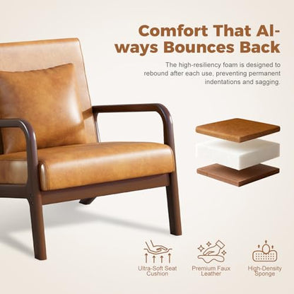 Mid-Century Modern Chair,Upholstered Accent Chair Reading Arm Chair with Cushion & Lumbar Pillow & Solid Wood Frame for Lounge, Living Room, Bedroom, Office, Brown-PU Leather, 2PCS - color: New Arrival - Brown, Pu Leather, size: Set of 2