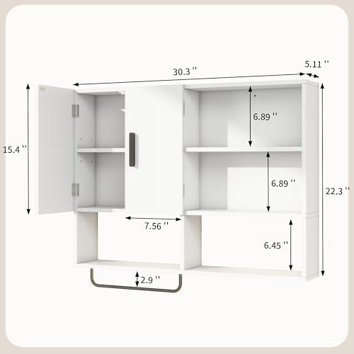 Bathroom Wall Cabinet with Towel Bar & 2 Doors, White - color: White