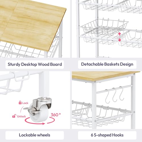 SWTYMIKI 24.4''x15.7'' Rolling Microwave Cart - 4 Tier Microwave Table Stand with 6 Storage Baskets, Coffee Bar with Wheels, Kitchen Utility Cart Shelf Rack Organizer for Vegetables, Potato, White - color: White