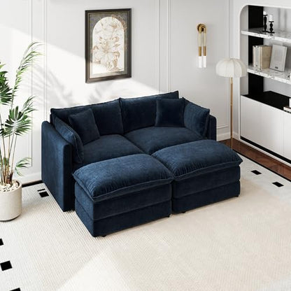 Aoowow Modular Sectional Sofa Modern Convertible Loveseat Couch,77.16 Inch Deep 2-Seater Sofas Comfy Chenille Cloud Sofas and Couches Set with 2 Movable Ottoman for Living Room Apartment（Blue） - color: Blue, size: 2 Seat + 2 Ottoman