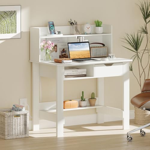 GIANTEX White Computer Desk with Hutch, Home Office Desk with Power Outlets, USB Ports, Type-C, Storage Shelf & Drawer, Modern Laptop PC Table Computer Workstation, Study Writing Desk for Bedroom