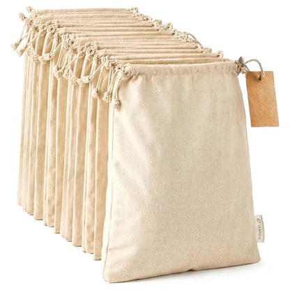 Organic Cotton Produce Bags - Medium 8x10 Inch (12 Bags) - Reusable Muslin Storage Bags with Drawstrings - Biodegradable Canvas Fabric - Perfect for Snacks, Clothes - size: Medium 8x10"