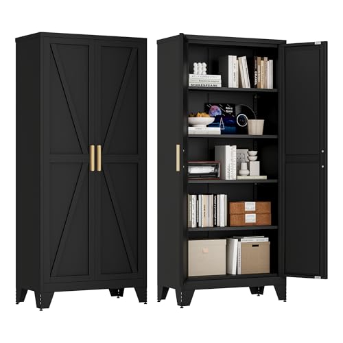 Washsemba 71'' Farmhouse Metal Storage Cabinet with Barn Doors,Steel File Cabinet for Home Office,Kitchen Pantry 4 Adjustable Shelves,Freestanding Cupboard for Kitchen,Home Office (Black) - color: Black, size: 71" - Storage Cabinet - 2 Door