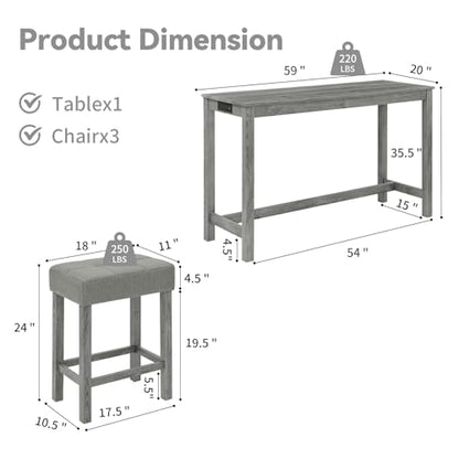 59" Industrial 4 Piece Bar Table Set with Built-in Power Outlet, Behind Couch Sofa Table with 3 Linen Upholstered Stools, Bar Table and Chairs Set for Living Room, Dining Room, Lounge, Gray - color: R2-gray
