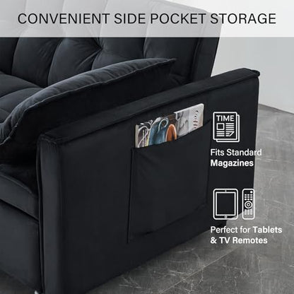 3 in 1 Convertible Sleeper Sofa Bed, Velvet Loveseat Futon Pull-Out Couch with Adjustable Reclining Backrest, Side Pockets and Pillows for Living Room, Bedroom, Apartment, Small Spaces (Black-Velvet) - color: Black-velvet