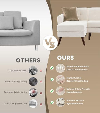 Tbfit L Shaped Couch Sofa, 80" W Mid-Century Modern Sectional Couches, 3 Seater Sofas with Wide Chaise Lounge, Button Tufted Upholstered Sectional Sofa for Living Room, Bedroom, Beige - color: Beige, size: 80" L-shape