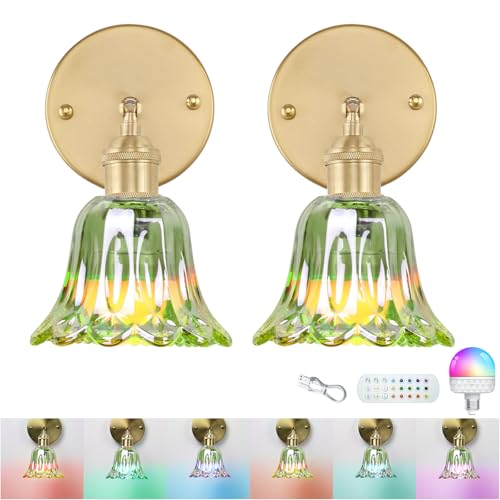 GEEZO Vintage Battery Operated Wall Sconce, with Rechargeable Battery Powered Wall Light with Remote Control for Bedside Bedroom - color: Pineapple Green, size: (2 pack)