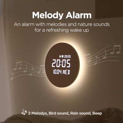 mooas Full Moon LED Silent Wooden Digital Wall Clock with Remote Control, Backlight Nightlight Digital Wood Wall Clock, Sunrise Alarm Melody, 5 Level Brightness Modern Decorative Office Livingroom - color: Full Moon