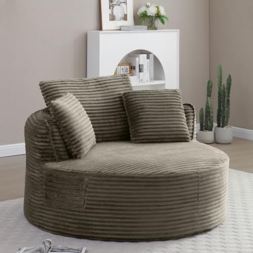 KEIKI 53.5" Oversized Round Chair, Large Barrel Chairs, Upholstered Accent Corduroy Single Sofa Armchair for Living Room, Lounge, Camel - color: Camel
