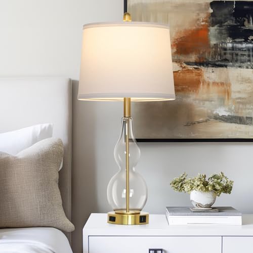 Rinweey 27.5" Clear Glass Table Lamp Set of 2,3-Way Dimmable Touch Control Bedside Lamps with USB Ports and AC Outlet, Modern Nightstand Lamps Gold lamp for Bedroom Living Room - color: Clear