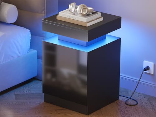 Nightstands Set 2, 15 Inches LED Night Stand Set of 2, Modern Bedside Table with LED Lights, High Gloss Surface, End Table with Storage for Bedroom, Black - color: Black-15"